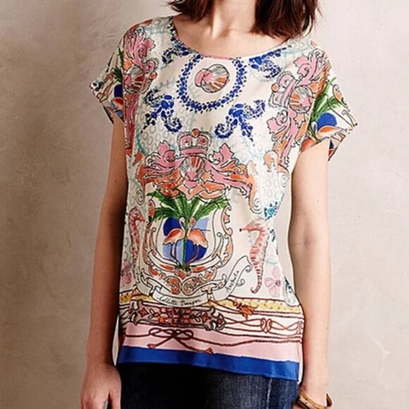 Anthropologie Tops - Anthropologie Collette Dinnigan silk top Size X-Large Beachy Printed Blouse